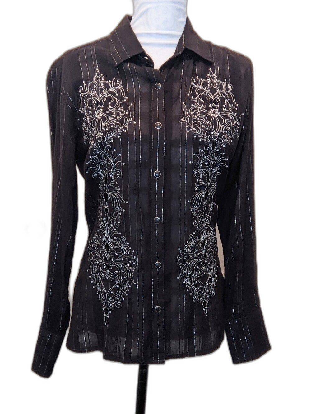 Vintage Panhandle Slim Western Snap Shirt Sparkle Black 70s Sheer Size Medium